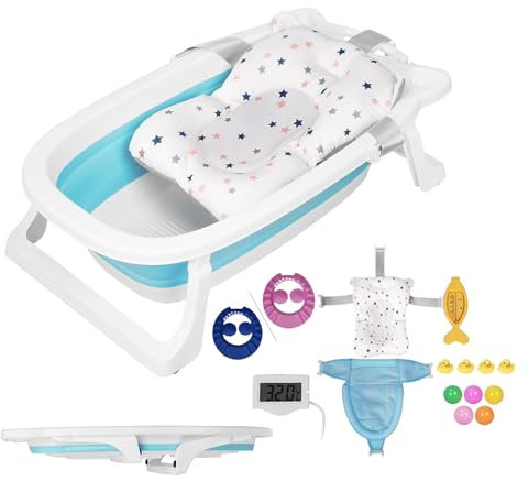Baignoire Pliable Pour Bébé avec Support, Baignoire bebe pour Douche avec pieds Antidérapants et Affichage de la Température (Bleu)