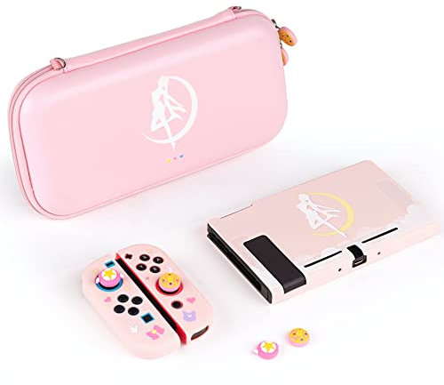 BelugaDesign Moon Switch Bundle | Kawaii Pink White Pastel Sailor Anime Tragetasche Shell Cover Daumengriffe für Mädchen | Kompatibel mit Nintendo Switch Standard