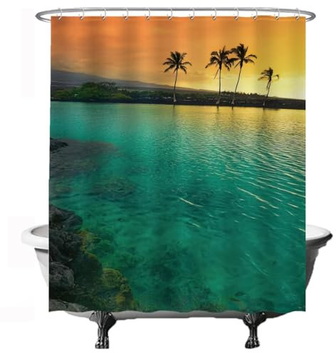 Ulticool Duschvorhang – Meer Strand Palme Sonnenuntergang - 180 x 200 cm - Waschbar - Anti Schimmel - mit 12 Ringen - Blau Grün Gelb