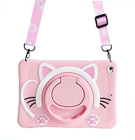 SINQERISHT Tablet Hülle für iPad 10,2 Zoll 2021/2020/2019 9/8/7 Generation Niedliche Schutzhülle mit 360° Drehbar Griff Ständer & Schultergurt Stoßfest Silikon Katze Kinder Cover für Mädchen(Rosa)