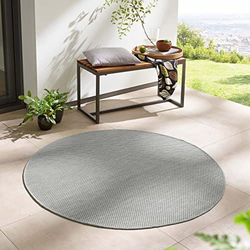 Taracarpet In- & Outdoor Teppich Wetterfest Wohnzimmer Balkon Küchenteppich Flachgewebe sisaloptik meliert Einfarbig Uni Silber grau 120x120 cm rund