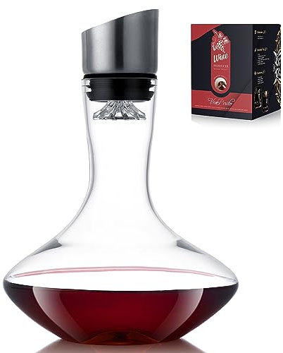 VnoPerito Wine Decanter,Red Wine Carafe,Decanter with Built-in Aerator Pourer, 100% Hand Blown Lead-free Crystal Glass with Stainless Steel Pourer Lid, Filter, Wine Gifts for Men