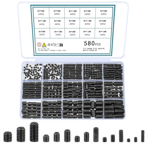 QOOSIKICC Set di 580 Viti a Grano M3 M4 M5 M6 M8, Assortimento di Viti a Grano, Kit di Viti con Filettatura Interna Esagonale, Viti Senza Testa per Maniglie delle Porte