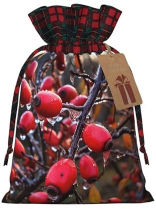BTCOWZRV Christmas Linen Gift Wrap Bags Rose Hip Plant Berries Reusable Gift Wrapping Sack Xmas Candy Bags with Double Drawstrings Xmas Bag for Candy Wrapper Christmas Party