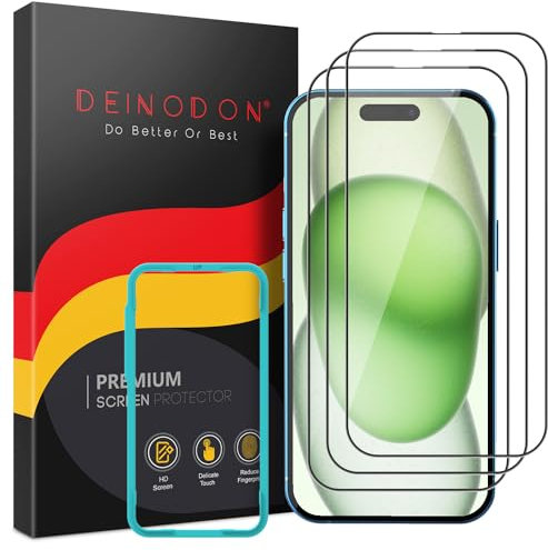 DEINODON Premium für Panzerglas für iPhone 15 Plus [Full Screen], [Auto-Installation] 100% Ohne Blasen, Ultra Hart 9H+ Schutzglas Stoßfest Kratzfest Hüllenfreundlich Keine Fingerabdrücke, 2 Stück