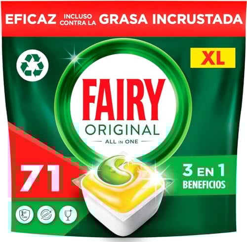 Fairy Original Todo En Uno Cápsulas De Lavavajillas, Limón, 71 Cápsulas, Efectivas Incluso En La Grasa Reseca