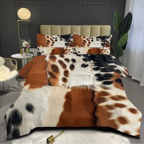 CCoutueChen Bettwäscheset aus Rindsleder, King-Size-Größe, Patchwork, Kuhfell-Druck, Bettwäsche-Set für Kinder, Jungen, Mädchen, Western-Cowboy, Bauernhaus, weiche Daunen-Alternative, Bettdecke mit 1