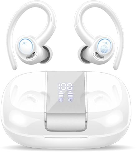 Csasan Bluetooth Kopfhörer Sport, Kopfhörer Kabellos Bluetooth 5.3 mit Ohrhaken, 48Std 3D Stereo In Ear Kopfhörer mit ENC Mic, LED-Anzeige, Touch Control, IP7 Wasserdicht Ohrhörer Helles Weiß(2024)