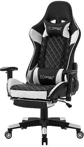 ML-Design Gaming Stuhl mit Fußstütze, Weiß, Kunstleder, Ergonomischer Bürostuhl mit Armlehne, Kopfstütze, Lendenkissen, Drehstuhl verstellbar, Hohe Rückenlehne, Racing Gamer Stuhl Schreibtischstuhl