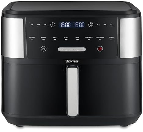 Trisa Heißluftfritteuse 10L Crunchy Fry Pro, Airfryer mit SYNC FINISH & Trennbarem Fach, Frittieren, Grillen, Rösten, Backen & Aufwärmen, Touch-Display, 50-200°C, Spülmaschinenfest