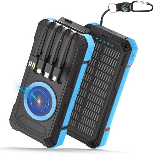 Powerbank Solar 46800mAh, Wireless Power Bank Schnelles QC 22.5 & USB C PD 20W, Wasserdichtes Solarladegerät Akkupack mit 4 Kabeln, Taschenlampe, Karabiner, Kompass, für Handy Tablets Camping Outdoor
