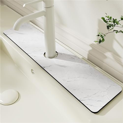Morbuy Faucet Mat for Kitchen Sink Absorbent, Marble Stone Grain Quick Dry Kitchen Faucet Mat Anti Slip Diatomite Kitchen Sink Splash Mat Faucet Splash Guard Drainer Mat (White Marble,14x38cm)