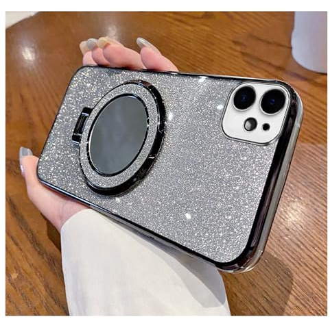 LEMAXELERS Phone Case for iPhone 15 Pro with Ring Stand Mirror Makeup Case Glitter Cute Anti Scratch Clear Shockproof Protect for Women Girly Phone Cover for iPhone 15 Pro Black DSM.