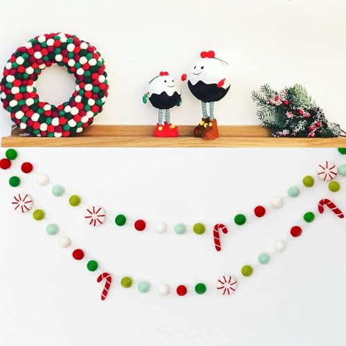 Christmas Felt Ball Garland - Peppermints Candies Pompom Holiday Decoration HandMade, Seasonal Festive Indoor Outdoor Home Decoration for Halloween (Christmas)