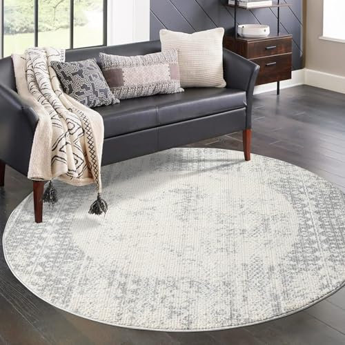 carpet city Teppich Wohnzimmer - Grau - 200 cm Rund - Klassisch Modern - Vintage, Bordüre - Teppiche Kurzflor Schlafzimmer, Esszimmer