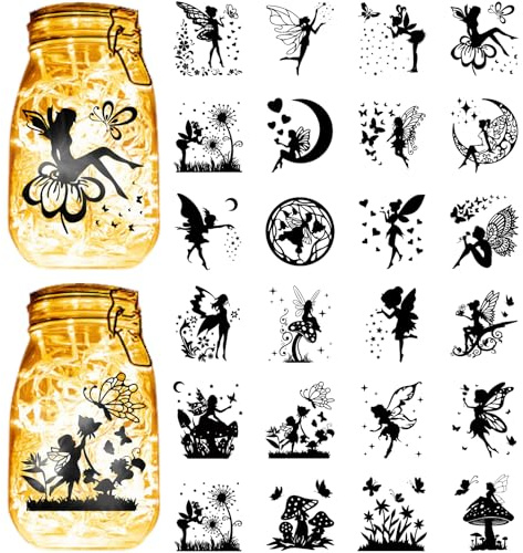CREATCABIN 24 Stück Feen Silhouetten Aufkleber Für Einmachgläser,9x10cm | Wasserdicht,Transparentes PVC,Für Wand,Fenster Milchglas Basteln,Einmachgläser,Laternenglas Scrapbook,Weihnachtsverzierung