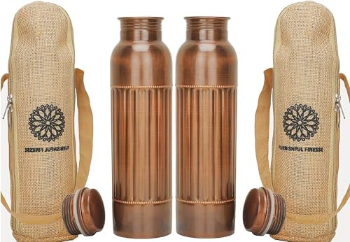 FURNISHFUL FINESSE 34 Oz Kupfer-Wasserflasche mit ayurvedischen Vorteilen, auslaufsicher, groß, handgefertigt, für Reisen, Fitnessstudio, Büro, Wandern, Outdoor, Yoga, 2 Stück