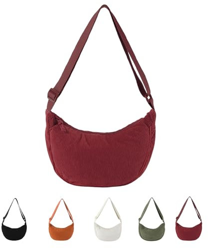 Hernin Crossbody Moon Bag Damen Cord Halbmond Schultertasche Damen Crossbody Cord Tasche Moon Bags Large Halbmond Tasche mit Verstellbarer Schultergurt (Burgunderrot)