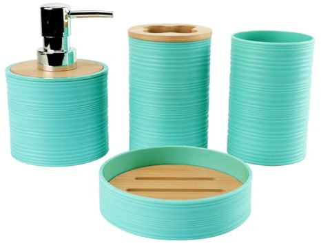 Hosoncovy Lot de 4 récipients de salle de bain Ensemble d'accessoires de salle de bain avec distributeur de savon, tasse de salle de bain, porte-savon, porte-brosse à dents et dentifrice (bleu clair)