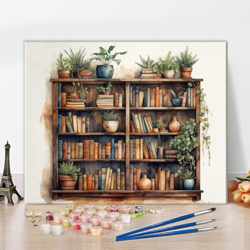 TISHIRON Ensemble de tableaux de couleur pour adultes - Style vintage - Étagère en bois avec plantes et vases - Peinture par numéros sur toile - Peinture à l'huile DIY - Pour décoration murale de la