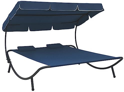 Myheimly Garten Sonnenliege mit Sonnendach Kissen Doppelliege Gartenliege Relaxliege Strandliege Liege Gartenmöbel 200x173x135cm Blau,mit Sonnendach