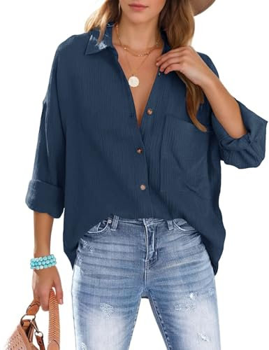 Lonya Womens Shirts Oversized Blouse Long Sleeve Button Down, Ladies Cotton Tops with Pocket, V Neck Blouses Roll-up Loose Fit Tunic T Shirts Business Casual Elegant, Navy Blue, L