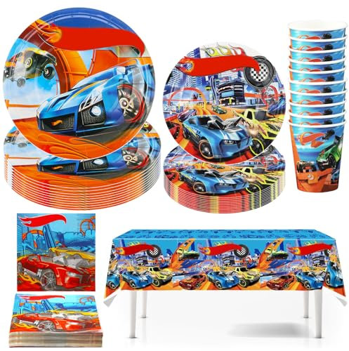 Hmfmdy Rennauto Partygeschirr Set, 51 Stück Racing car Party Deko, Rennauto Geburtstag Geschirr Kit, Mit Pappteller Becher Servietten, Autos Kindergeburtstag Party Geschirr Supplies für 10 Gäste - B