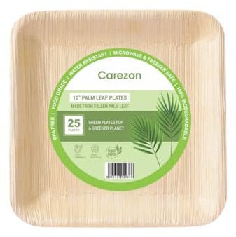 Carezon Areca Palm Leaf Plates Pack of 25x10 Inch Large Sqaure,Eco-Friendly, Disposable, Microwave & Freezer Safe, Compostable Like Wooden, Bamboo Paper Plates for Hot Food, Wedding Picnic Parties