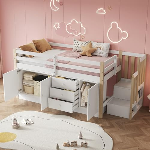 Gegtuon Kinderbett Etagenbett Bett 90x200 mit Schrank und Treppe, Einzelbett mit Stauraum Schubladen und Regal, Hochbett Holzbett Bettgestell mit Lattenrost und Rausfallschutz, ohne Matratze, Weiß