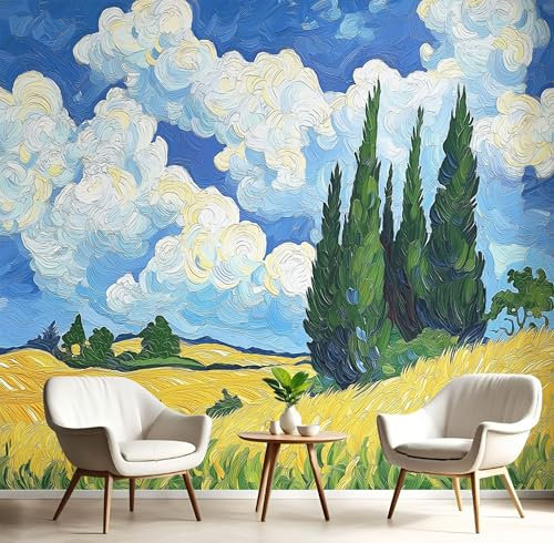 JEDTAKCT Papier Peint Panoramique Mer De Nuages Champ De Blé, Papier Peint Bleu Ciel Motif Paysage À L'Huile, Tapisserie Panoramique Salon Canapé Fond, Décoration Murale Chambre, 200X140Cm (Lxh)