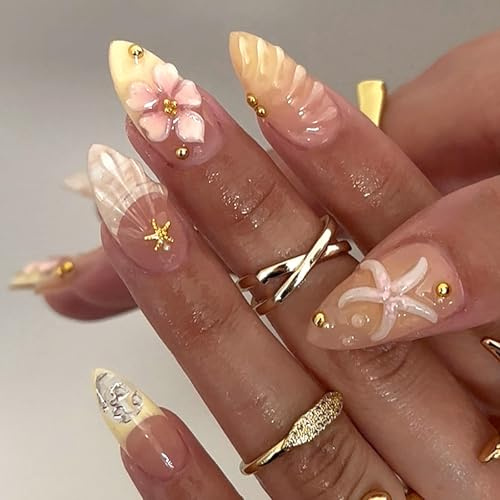 Yamobi 24 faux ongles d'été à coller – Almond French Nails avec fleurs 3D et étoiles de mer, perles dorées faites à la main en acrylique