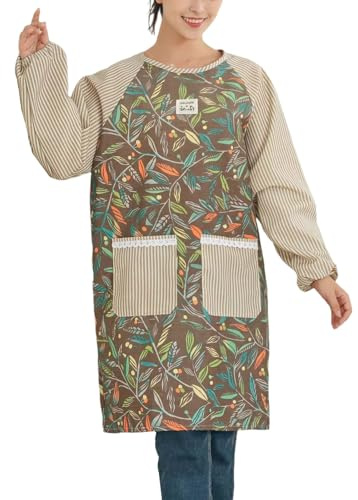 HQPCAHL Women Men Long Sleeve Apron for Cooking, Gardening, Painting, Baking, Housework kitchen apronBeige,One Size