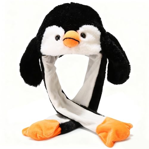 Pinguin Mütze mit Beweglichen Ohren, Tiermütze Plüsch Lustige Hüte Mützes mit Wackelohren Drücken der Tiermütze Lustige Plüsch Hut mit Ohren Cosplay Wintermütze Hut für Weihnachts Geschenk