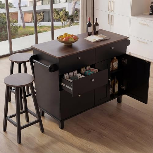 Mendler Kücheninsel HWC-P62 mit 2 Sitzhockern - schwarz, Dunkles Holz | Küchenschrank, Schublade, Staufächer, MDF, 90x131x47cm