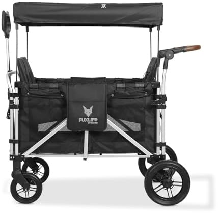 FUXLIFE Faltbarer Bollerwagen - Premium - FX-CTXL900 4-Sitzer schwarz • XL klappbarer Handwagen mit erhöhten Doppelsitzen & 5-Punkt Gurten • großer Innenraum & Sonnendach • faltbar & Vollgummi-Reifen