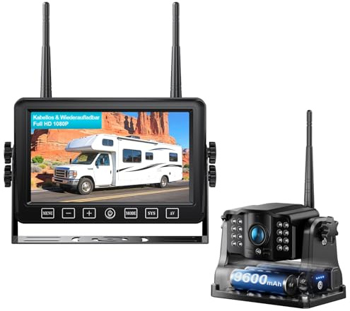 eRapta Magnetische Rückfahrkamera Kabellos Mit 7 HD 1080P Monitor | 9600 mAh Akku 1Mins Installation&Wiederaufladbar Funk Rückfahrkamera,IP69K Wasserdicht Rückfahrkameras für Auto LKW Wohnmobil