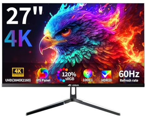 CRUA 27 Inch 4K Monitor 60Hz IPS UHD 3840x2160 Computer Monitor, 120% sRGB HDR10, HDMI 2.0 & DP 1.2, Low Blue Light, VESA Mountable, Home Office PC Monitor
