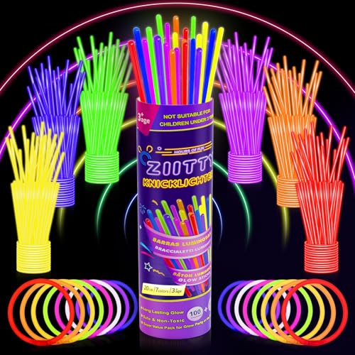 Ziitty Braccialetti Luminosi Fluorescenti, 7 colori Fluo Party Kit Bambini Adulti Starlight 100 Glow Sticks e Connettori per Bracciali Occhiali Gadget per Comleanno Feste Carnevale Capodanno Pasqua
