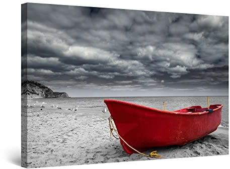 Startonight Bilder Rotes Boot auf dem Surrealen Himmel des Strandes, Leinwandbilder Moderne Kunst, Landschaft Wanddeko Kunstdrucke, Wandbilder Schlafzimmer 80 x 120 cm, Tag Nacht Effekt, Elegante