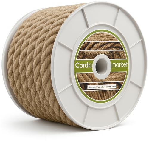 CORDAMARKET Cuerda Cáñamo Natural de Lino Decorativa Gruesa, Fuerte y Rústica para Escenografía Toldos Jardinería o Mudanza, Adulto Unisex, Marrón, 24 mm × 15 m