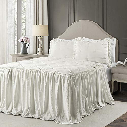 Lush Decor Ravello Tagesdecke mit Biesen, Rüschenrock, Vintage-Stil, leicht, 3-teiliges Set, Kingsize-Bett, Weiß