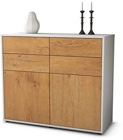 Stil.Zeit Sideboard Michael, Korpus Weiss matt, Front Holz-Design Eiche (92x79x35cm) Push-to-Open Technik