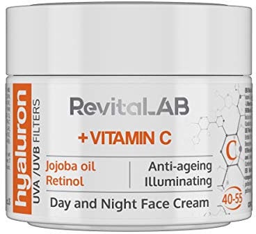 RevitaLAB Hyaluron Anti-Aging Day and Night Cream, Enriched with Vitamins A, B3, B5, E, C, Jojoba Oil, and UV Filters for Ages 40 – 55, 50 ml