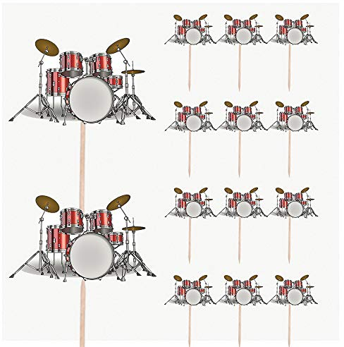 AK Giftshop Drums Drum Kit Set Musial Instrument Themed Party Food & Cup Cake Picks Sticks Decorations Toppers Food Flags (pack of 14)