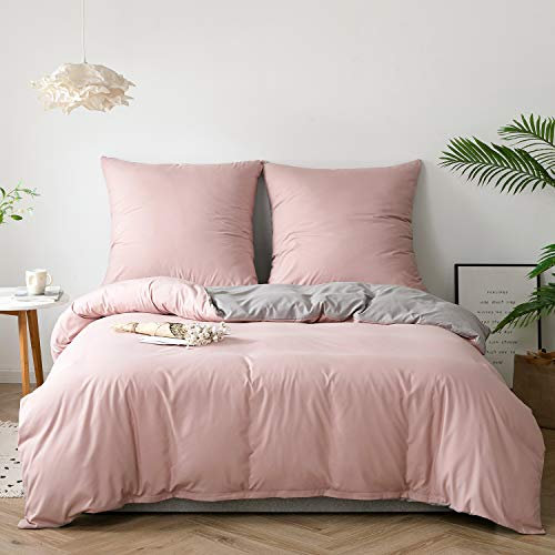 CoutureBridal Bettwäsche 220 x 240 cm Rosa Grau Microfaser Wendebettwäsche Set Uni Deckenbezug Doppelbett Bettbezug 220x240cm mit Reißverschluss und 2 Kissenbezüge 80 x 80 cm