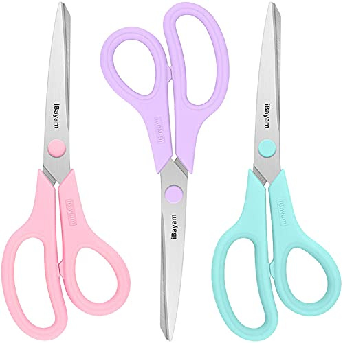 Scissors, iBayam 8 All Purpose Scissors Bulk 3-Pack, Ultra Sharp 2.5mm Thick Blade Shears Comfort-Grip for Aesthetic Fun Cute School Office Teacher Desk Crafts and Art Supplies Accessories Essential