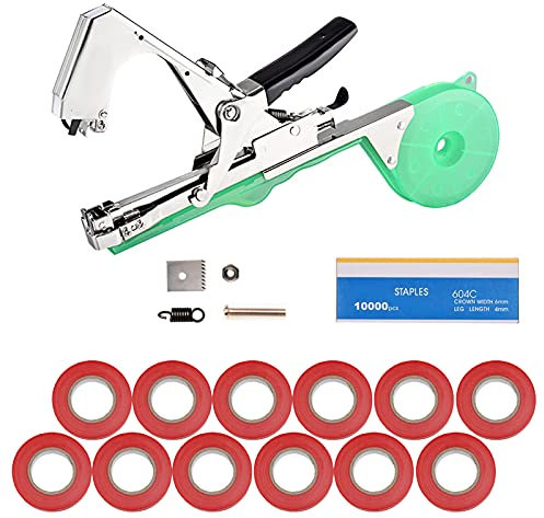 FUFRE Bindemaschine Pflanzen, Garten Tape Tool, Mit 10 Bandrollen, 10000 Heftklammern, Handbindemaschine Für Pflanzen Rankhilfen Rebe, Tomaten, Trauben, Himbeeren Plant Tying Tool (rot)