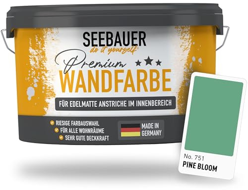 SEEBAUER diy Wandfarbe Grün 10L für Innen (No. 751 Pine Bloom) Edelmatte grüne Innenfarbe - Grüntöne sehr hohe Deckkraft - Matt, Abwaschbar und Tropffrei