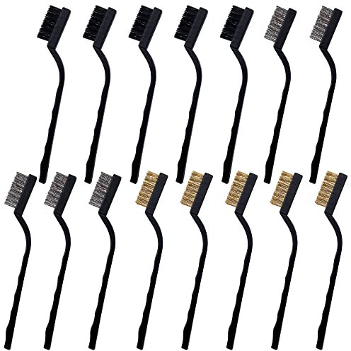 Wire Brush Set Nylon Brass Stainless Steel Brass and Nylon Bristle, 15 pcs Mini Metal Rust Remover Masonry Bristle Scratch Brush for Cleaning Welding Slag Rust and Dust, BBQ Grill