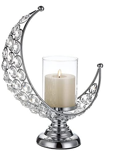 Tolida Moon Shape Crystal Tea Light Candelabra Candle Holder with Detachable Shade for Home Office Wedding Party Reception Table Center Decoration, Silver